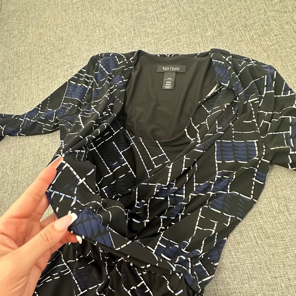 White House Black Market Faux Wrap Dress XXS Black Blue White Elastic Waist - Picture 7 of 12